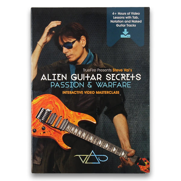  steve vai masterclass video against white background. steve vai stands against a dark background, holding an orange electric guitar. across the front reads "truefire presents steve vai's alien guitar secrets, passion and warfare interactive video masterclass". The steve vai logo on the bottom in grey and blue makes the word "vai" with an upside down triangle, a right side up one, and a line going across the triangles with a curl at the end next to the triangle that is upright.