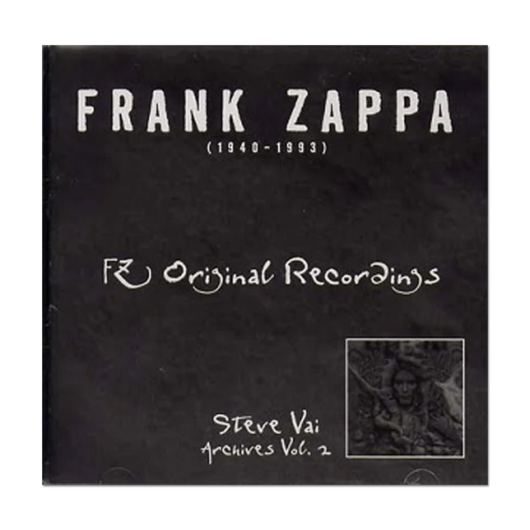 Image of album artwork against white background. it is a grey album cover and in white text reads "frank zappa, 1940-1993, FZ original recordings". below this it says "steve vai archives vol. 2" in white text and there is a small white square in the bottom right corner with a face in the center in dark grey.