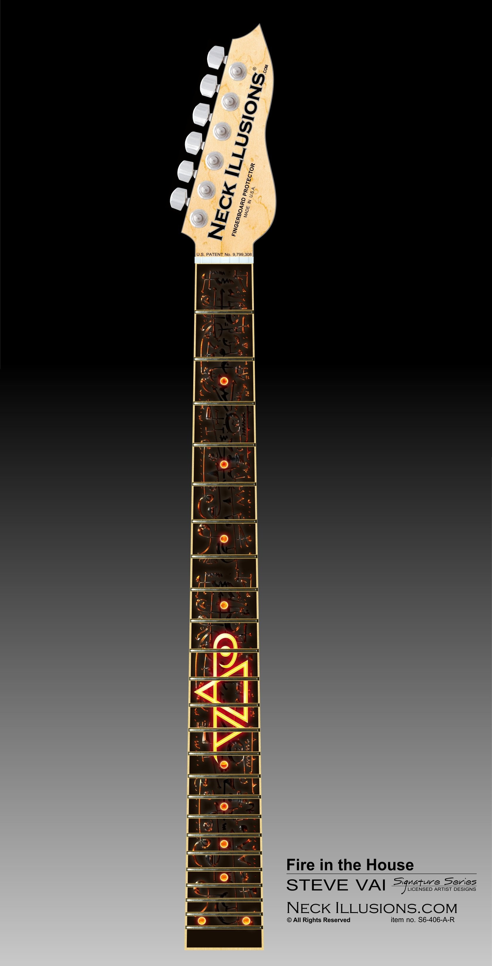 image of a guitar neck against a black to grey to white gradient background. there is a fret protector on the guitar. it is black with red and orange abstract symbols. descending down the fret protector in a glowing red/orange/yellow color is the steve vai logo. The steve vai logo makes the word "vai" with an upside down triangle, a right side up one, and a line going across the triangles with a curl at the end next to the triangle that is upright.