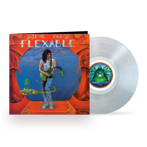 image of a vinyl sleeve and clear vinyl against white background. the artwork is red with a blue circle in the center. standing by the blue circle is steve vai playing a green guitar. the neck of the guitar droops down. swirling around steve is an alien in a small ship. above this in blue and white text reads "steve vai's flexable".