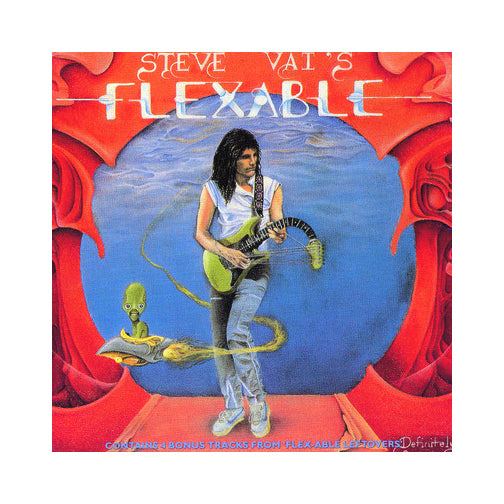 Image of the steve vai's flexable album artwork. it is  red with a blue circle in the center. standing by the blue circle is steve vai playing a green guitar. the neck of the guitar droops down. swirling around steve is an alien in a small ship. above this in blue and white text reads "steve vai's flexable".