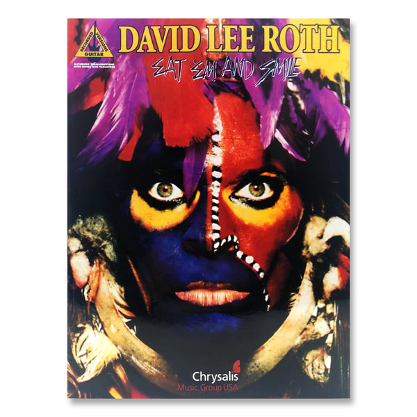 Image of the david lee roth: "eat 'em and smile" tab book against white background. the tab book features an image of a person's face with wide eyes. their face is painted black, orange, yellow, and white. there are colorful feathers surrounding the person. the top says "david lee roth" in yellow text with a black outline. below that in black with a white outline reads "eat 'em and smile".