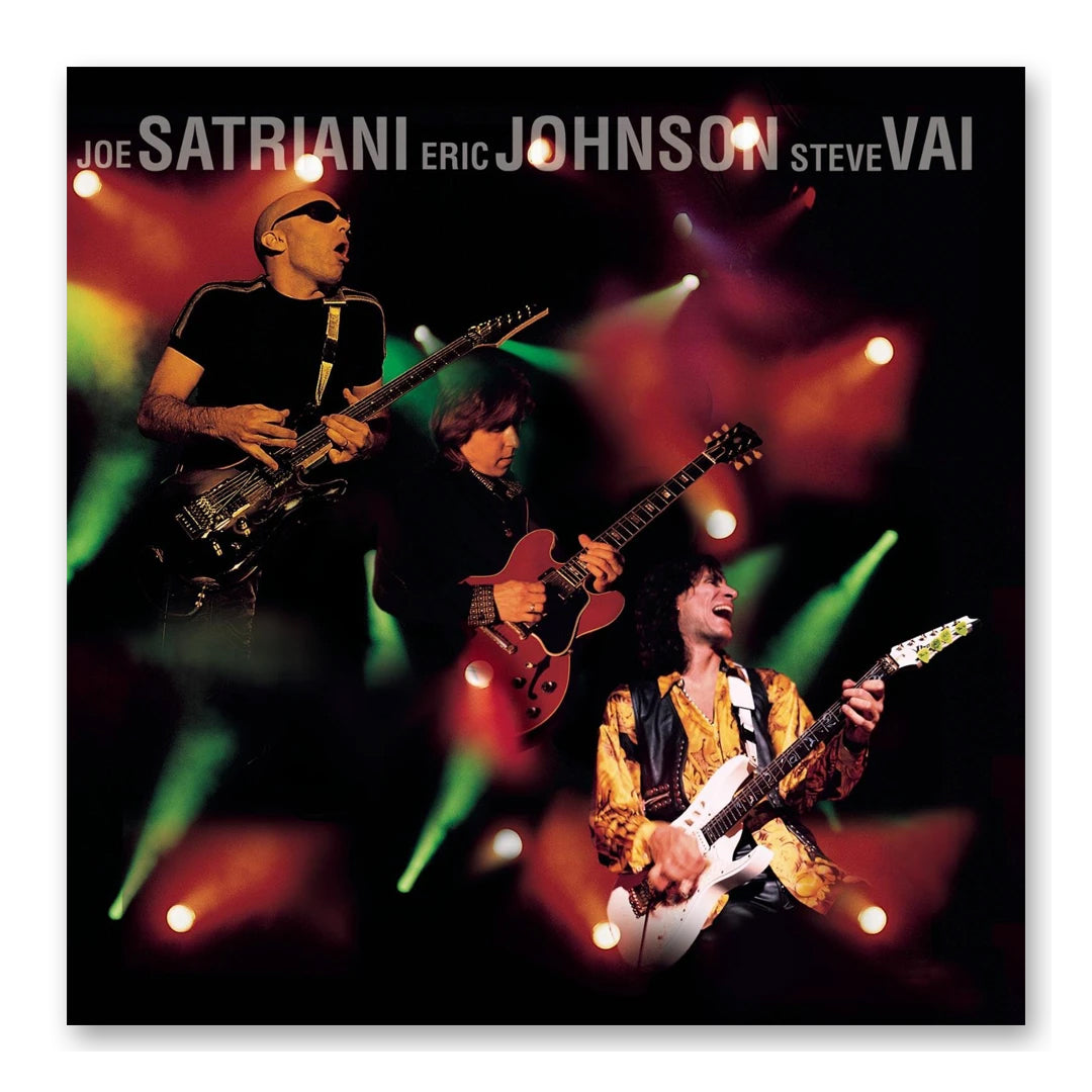 image of cd case album artwork against white background. it is a live image of joe satriana, eric johnson, and steve vai playing the electric guitar on stage. there are red and green lights around them. above their heads in a transparent white text reads "joe satriani, eric johnson, steve vai". 