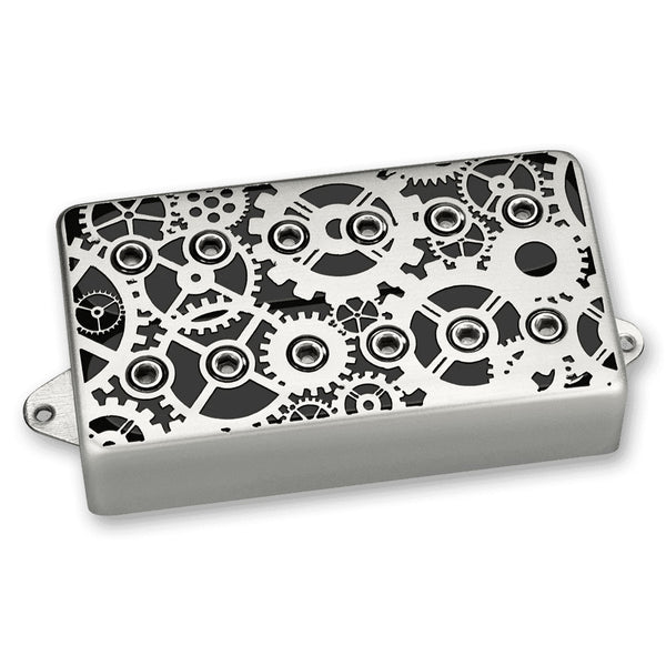 Image of a rectangular shaped silver guitar pickup against white background. the pickup has silver and black gears on it, and has 12 holes on the face of it.